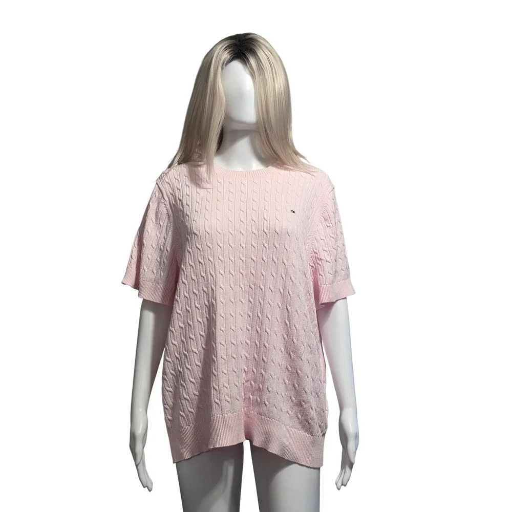 Tommy Hilfiger Women's Pink Cable Knit Short Sleeve Sweater Top XXL - Picture 2 of 7